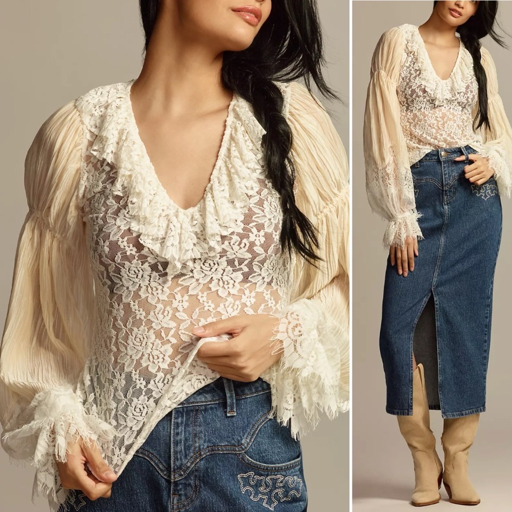 BY ANTHROPOLOGIE Wide-Sleeve Sheer Lace Top